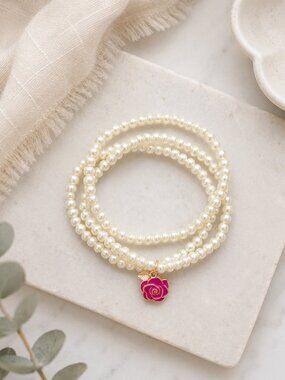 Pearl Seed Bead Bracelet Set with Rose Charm | Keep Blooming